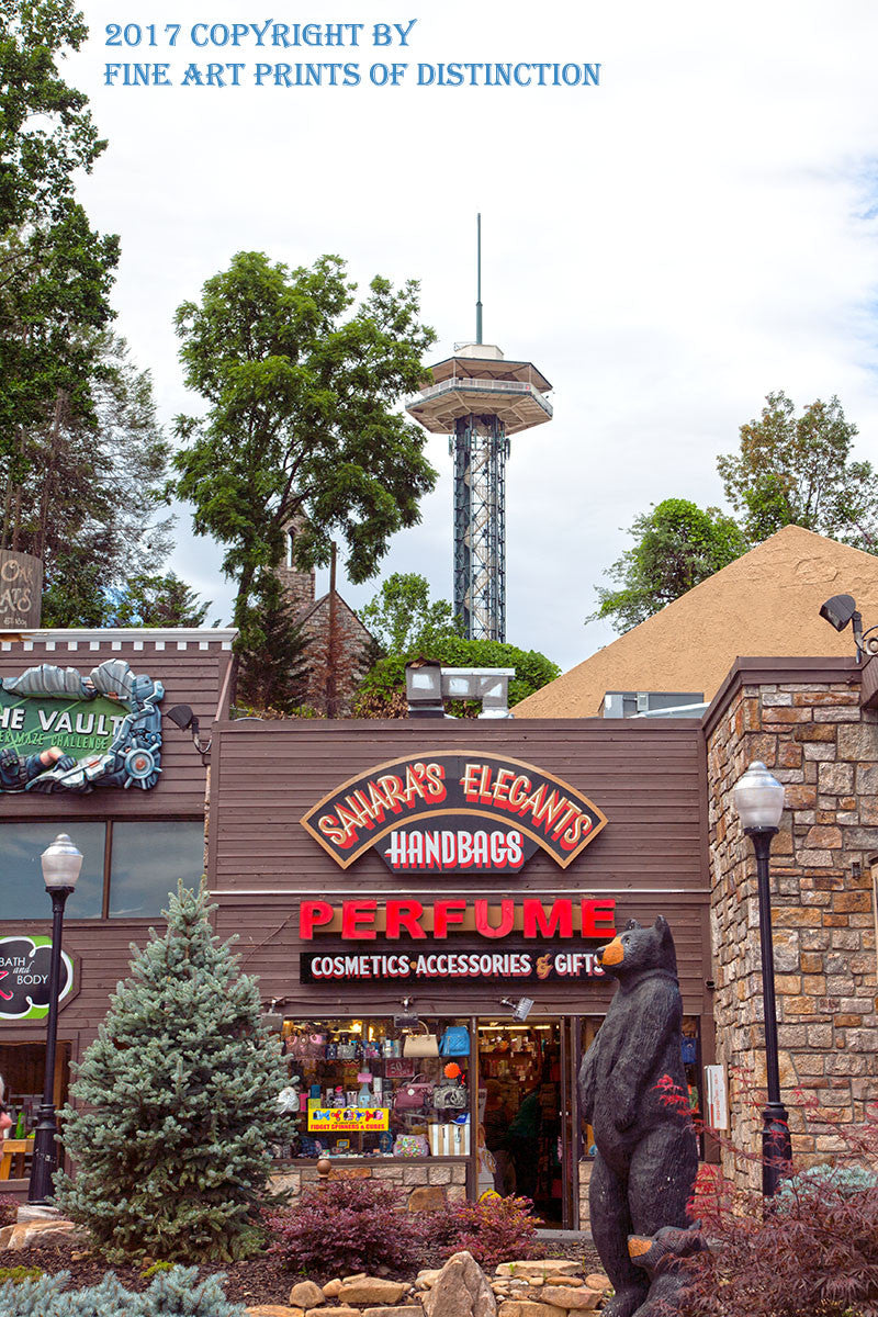 An archival premium Quality Print of Handbags and Perfume Shop in Front of the Space Needle, a scenic landscape in Gatlinburg Tennessee for sale by Brandywine General Store