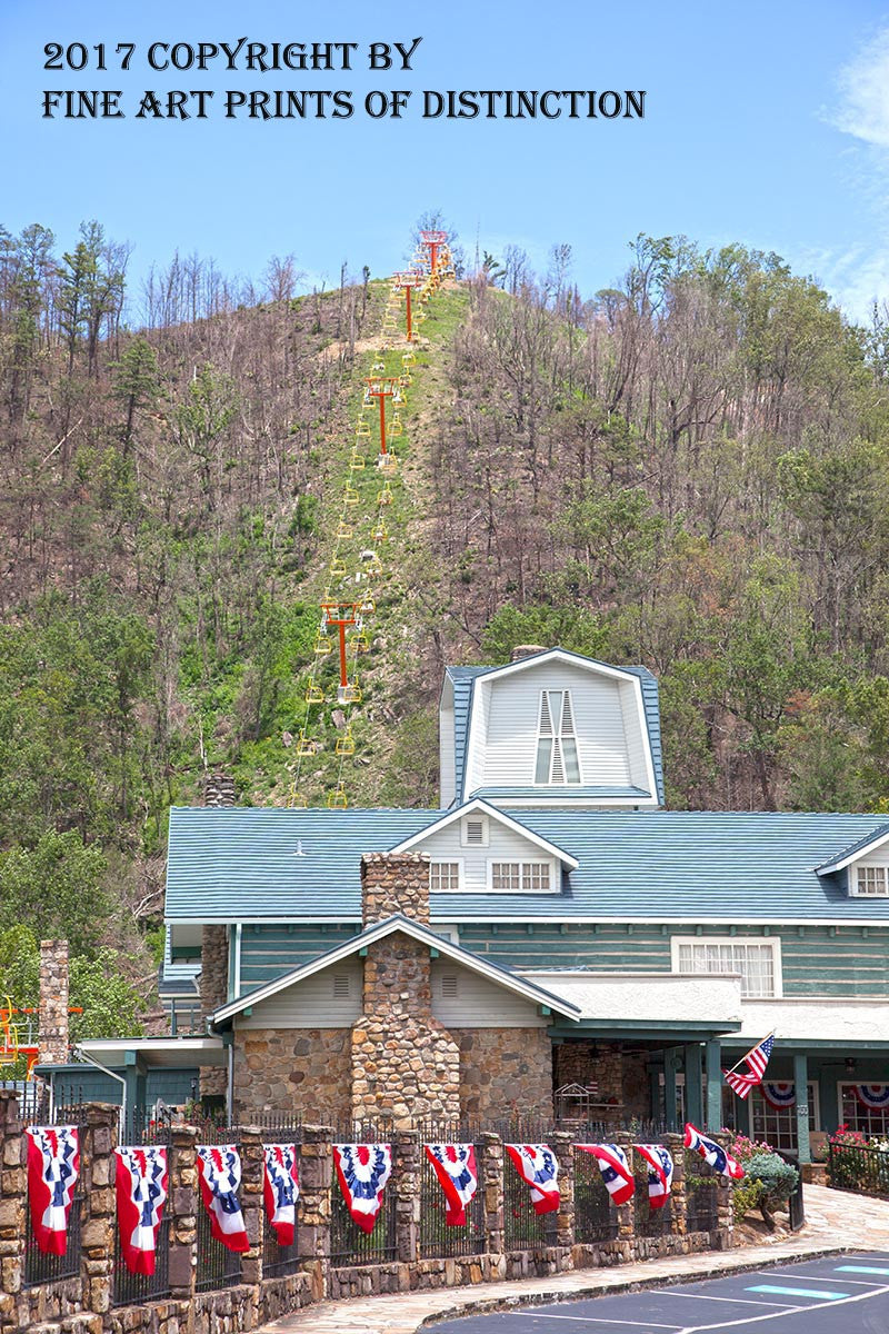 An archival premium Quality art Print of The Ski Lift and Wall of Red, White and Blue Buntings in Gatlinburg for sale by Brandywine General Store