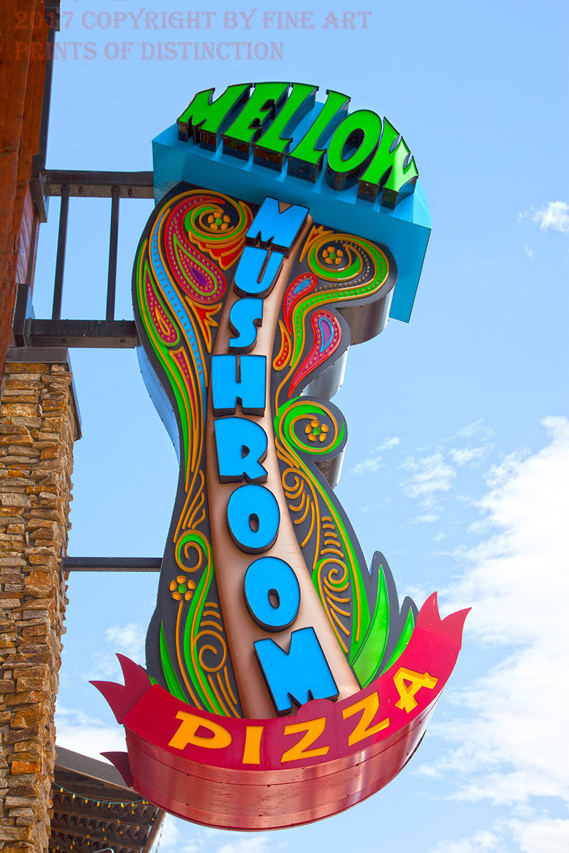 An archival premium Quality Art Print of The Mellow Mushroom Trade Sign on Main Street in Gatlinburg Tennessee for sale by Brandywine General Store
