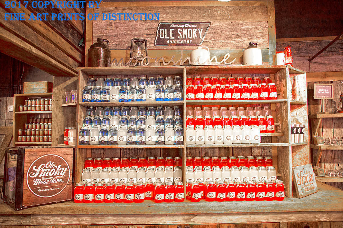 An archival premium Quality Art Print of Red, White and Blue Moonshine Jugs from Ole Smokey Mountain Moonshine for sale by Brandywine General Store