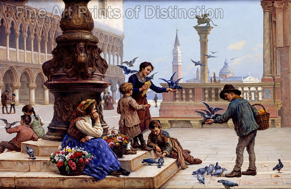 An archival premium Quality art Print of Children Feeding the Pigeons in St. Mark's Square, Venice by Antonio Paoletti for sale by Brandywine General Store