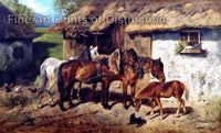 An archival premium Quality art Print of Harnessed Horses at the Stables painted by Hermione Biedermann Arendt for sale by Brandywine General Store
