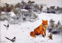 An archival premium Quality art Print of Fox with Birds in a Winter Landscape painted by Swedish Wildlife Artist Liljefors for sale by Brandywine General Store