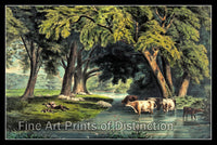An archival premium Quality art print of Evening Shade with Boy and Farm Animals along the River for sale by Brandywine General Store