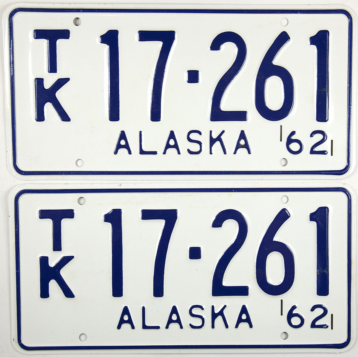 A pair of antique unused 1962 Alaska truck license plates for sale by Brandywine General Store in unused excellent plus condition