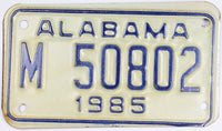 1985 Alabama Motorcycle License Plate that is in excellent minus condition