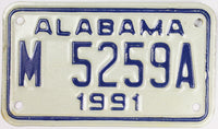 An unused NOS 1991 Alabama Motorcycle License Plate which is in excellent plus condition for sale by Brandywine General Store