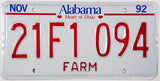 A NOS 1992 Alabama Farm License Plate