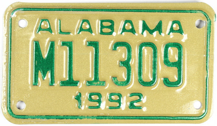 1992 Alabama Motorcycle License Plate which is in excellent condition