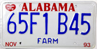 A classic unused 1993 Alabama Farm License Plate for sale by Brandywine General Store in excellent condition