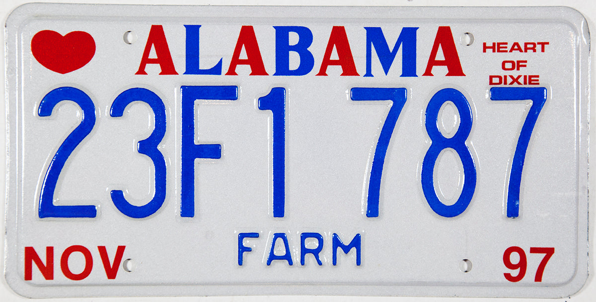 A NOS 1989 Alabama Farm License Plate