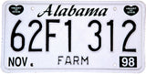 A 1998 Alabama farm license plate which is new old stock near mint condition for sale by Brandywine General Store