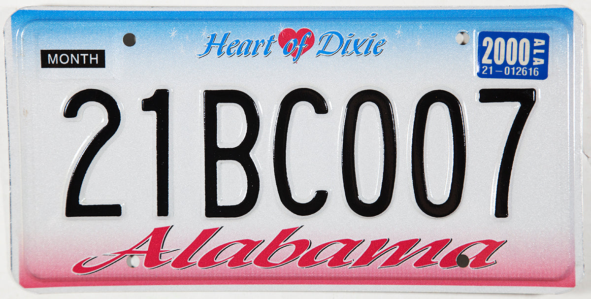 A classic unused 2000 Alabama passenger car license plate for sale by Brandywine General Store in excellent plus condition