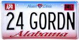 A 2001 vanity Alabama License Plate which is in unused Near Mint condition with DMV # 24 GORDN for sale by Brandywine General Store