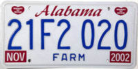 A NOS 2002 Alabama Farm License Plate for sale by Brandywine General Store in new old stock excellent plus condition