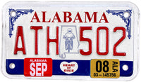 A 2008 Alabama Motorcycle License Plate that is in Excellent Plus Condition and has been very lightly used for sale by Brandywine General Store