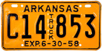An antique 1958 Arkansas truck license plate for sale by Brandywine General Store. which is new old stock and will grade excellent