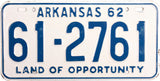 A 1962 Arkansas Passenger Car License Plate for sale by Brandywine General Store in unused excellent conditio