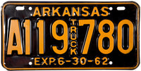 An antique 1962 Arkansas truck license plate for sale by Brandywine General Store in unused excellent condition