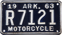 A classic 1963 Arkansas motorcycle license plate for sale by Brandywine General Store in excellent minus condition