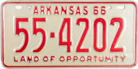 A classic 1966 Arkansas car License Plate for sale by Brandywine General Store in excellent plus condition