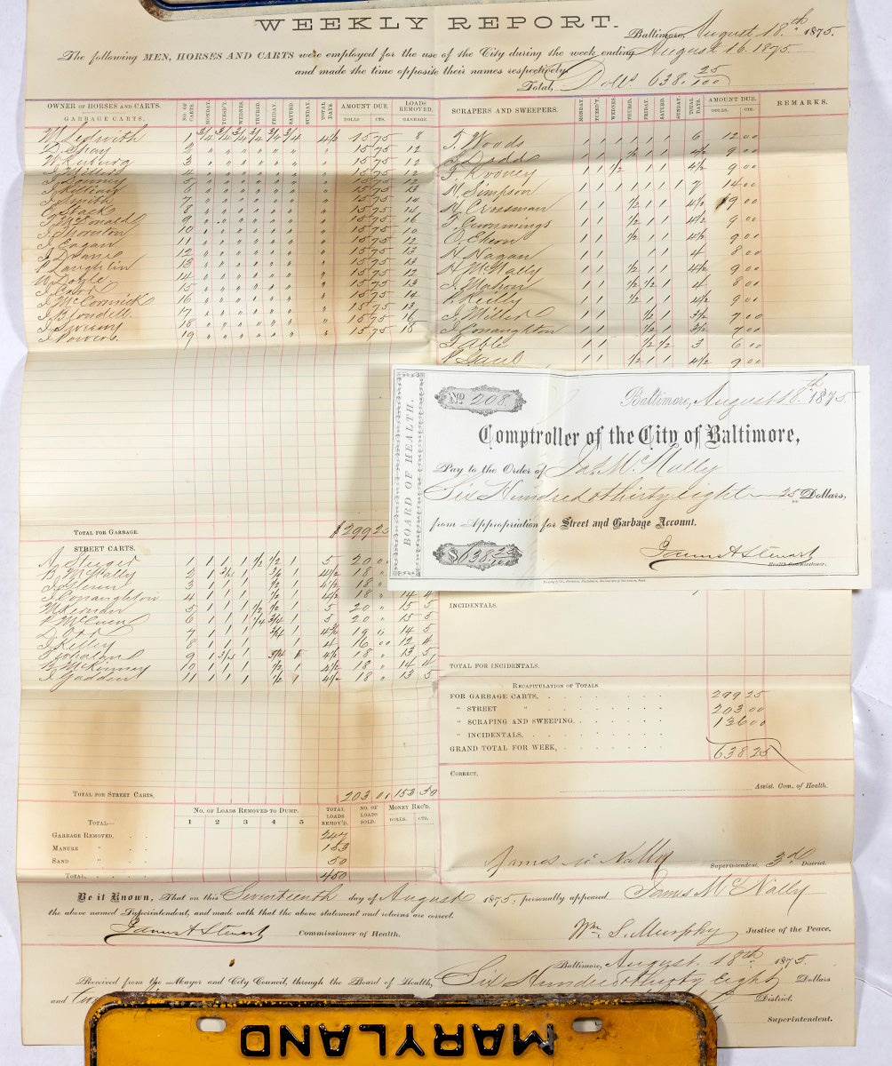 An 1875 very large Historical Baltimore Document showing the summary of what the city paid for Men, Horses and Carts for the week ending August 16, 1875
