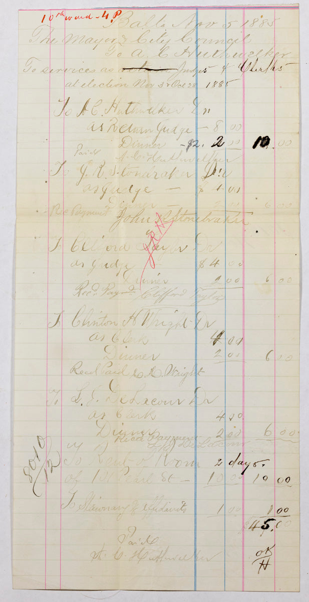 1885 Baltimore Document showing election expenses for 4th precinct 10th ward