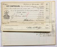 A grouping of 5 historical 1885 documents for expenses on repairing North and Race Streets in the city of Baltimore