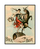A premium art print of a Bock Beer Advertisement with Woman and Goat dancing on a keg of beer