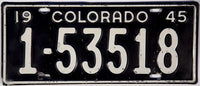 A 1945 Colorado license plate for a passenger automobile for sale by Brandywine General Store in very good plus condition