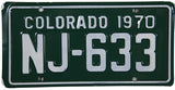 A classic 1970 Colorado motorcycle license plate for sale by Brandywine General Store in near mint condition with wrapper