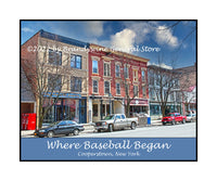 An archival poster style print of Cooperstown NY Baseball Town Street Scene