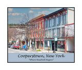 An archival poster style print of Cooperstown NY Storefronts on Main Street