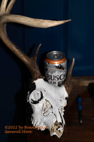 An archival art print of Deer Skull and Busch Beer