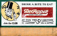 A premium quality art print of Dr. Pepper Drink a Bite to Eat advertisement painted on a salmon color wall