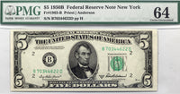 FR #1963-B series 1950 B five dollar FRN note from the Federal Reserve Bank of New York City grading PMG 64