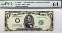 A FR #1964-C five dollar FRN note from the Federal Reserve Bank in Philadelphia from the 1950-C series graded PMG 64