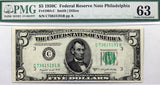 A FR #1964-C five dollar FRN note from the Federal Reserve Bank in Philadelphia from the 1950-C series graded PMG 63