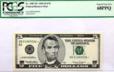 A FR #1987-B* five dollar federal reserve Star note from the New York District printed at the US western facility at Fort Worth graded PCGS 68 PPQ