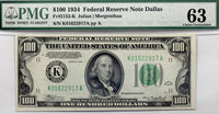 A series of 1934 Hundred Dollar FR #2152-K FRN note from the Federal Reserve Bank in Dallas Texas certified by PMG at 63 for sale by Brandywine General Store