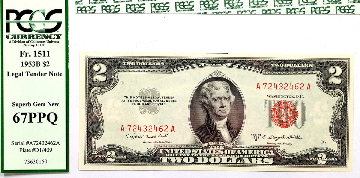Fr 1511 two dollar Series 1953B legal tender note graded PCGS 67 PPQ