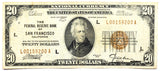 A FR #1870-L Series of 1929 San Fransisco Federal Reserve Bank note in the denomination of twenty dollars and will grade fine - very fine for sale by Brandywine General Store