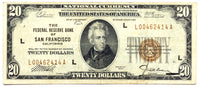 A FR #1870-L Series of 1929 San Fransisco Federal Reserve Bank note in the denomination of twenty dollars and will grade fine - very fine for sale by Brandywine General Store