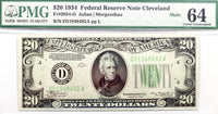 A FR #2054-D Series of 1934 twenty dollar mule note from the Federal Reserve Bank in Cleveland Ohio for sale by Brandywine General Store graded PMG 64