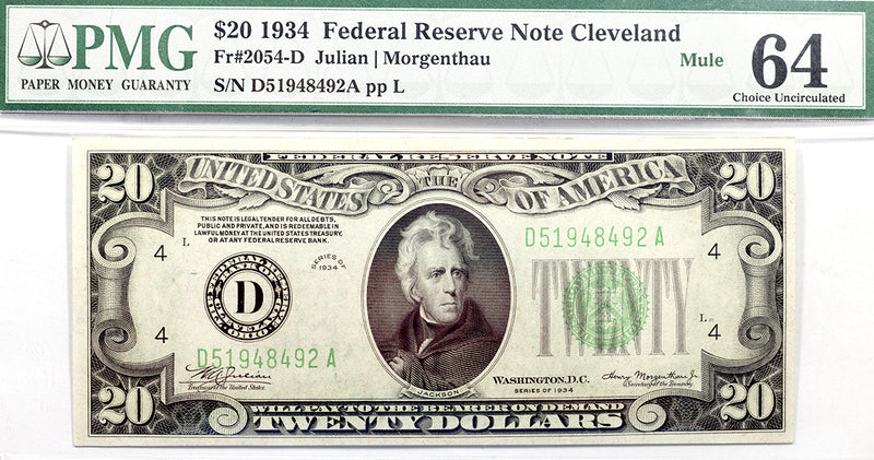 Fr 2054-D Federal Reserve Note Twenty Dollars Series 1934 PMG 64