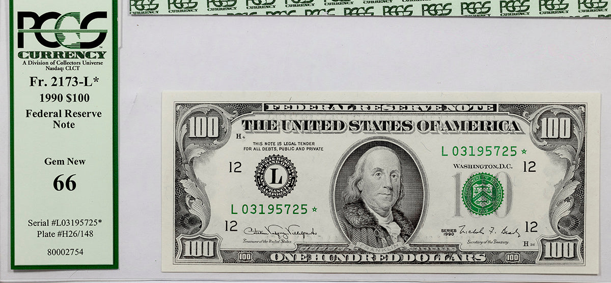 A FR #2173-L Series of 1990 One Hundred dollar FRN star note from the Federal Reserve Bank in San Fransisco CA for sale by Brandywine General Store certified gem new