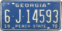 A classic 1970 Georgia passenger car license plate for sale by Brandywine General Store in very good plus condition