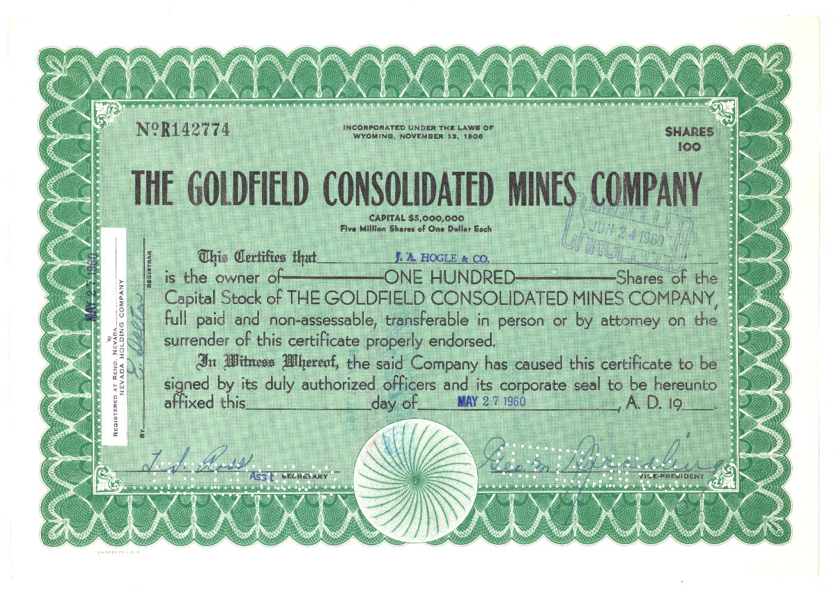 A 1960 Goldfield Consolidated Mines Company stock certificate for 100 shares of Capital stock in the miner
