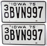 A pair of 1975 Iowa Car License Plates