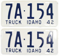 A pair of antique 1942 Idaho Truck License Plates which are in Unused Excellent plus condition for sale by Brandywine General Store